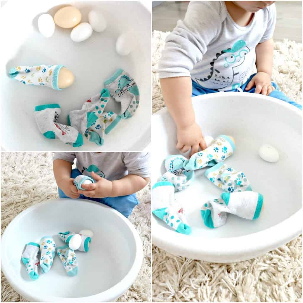eggs in socks in a bowl toddler activity