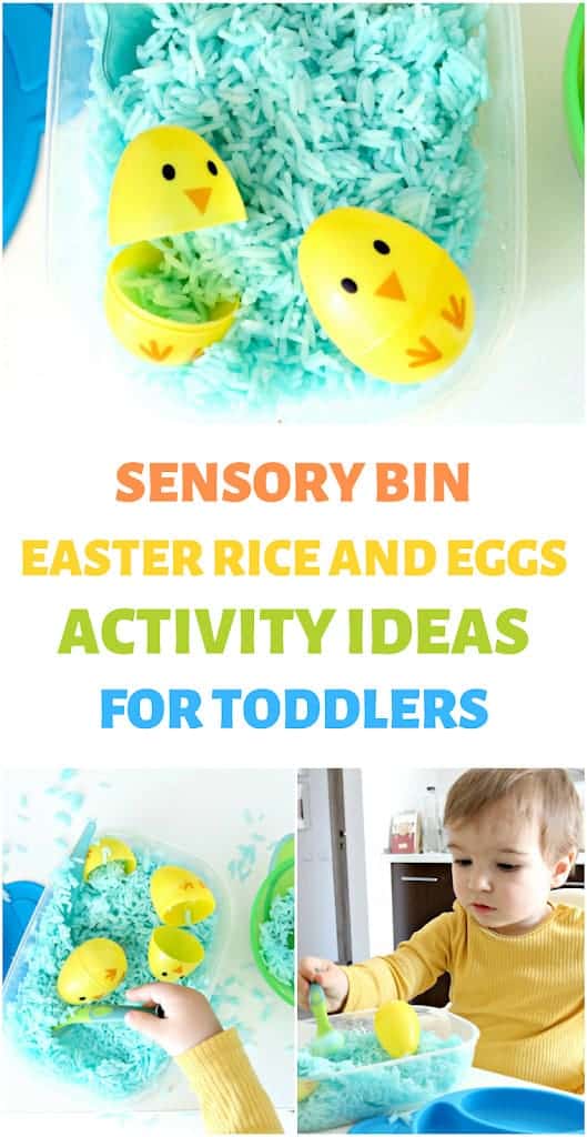 sensory bin with rice and eggs toddler Easter activity ideas