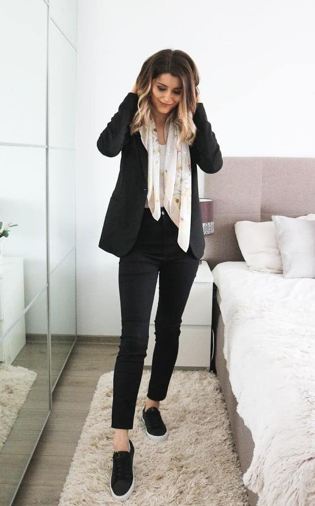 black trousers and black blazer with yellow scarf outfit ideas