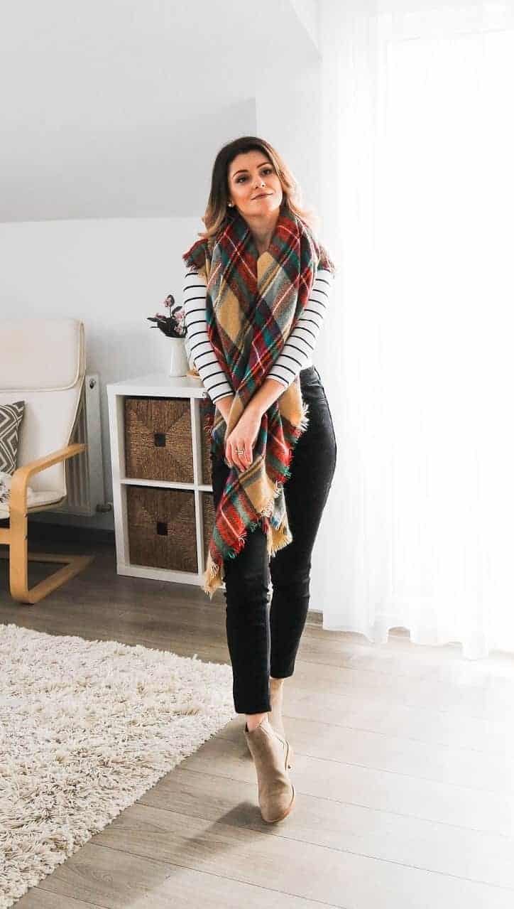 blanket scarf and stripes outfit for autumn winter style