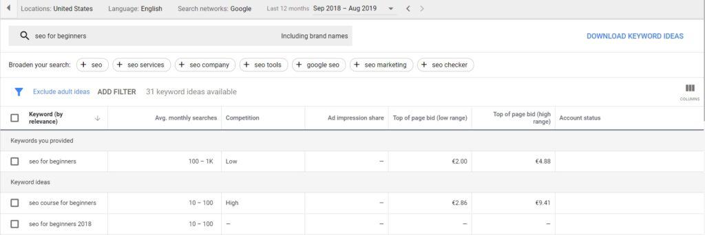 keyword search example in google keyword planner