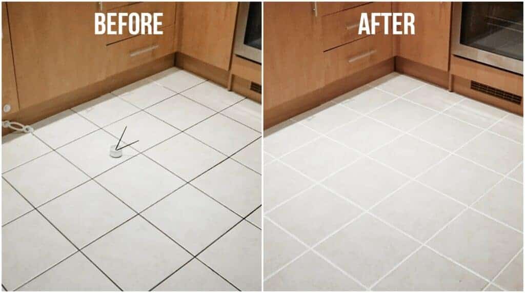 before and after using grout reviver on kitchen floor