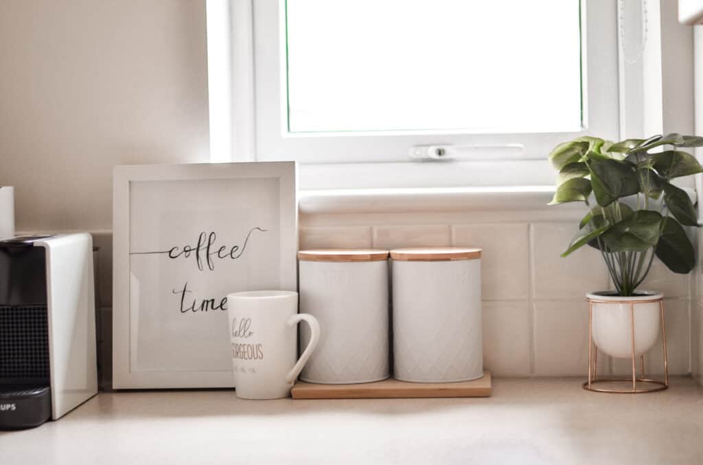 coffee bar corner in a rental kitchen
