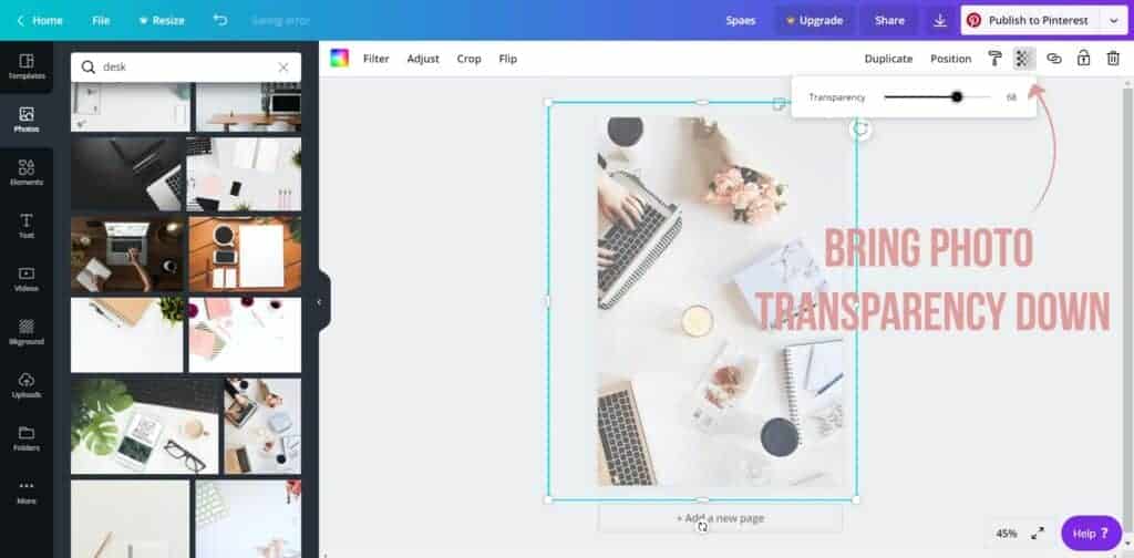 bring photo transparency down - how to create a pin