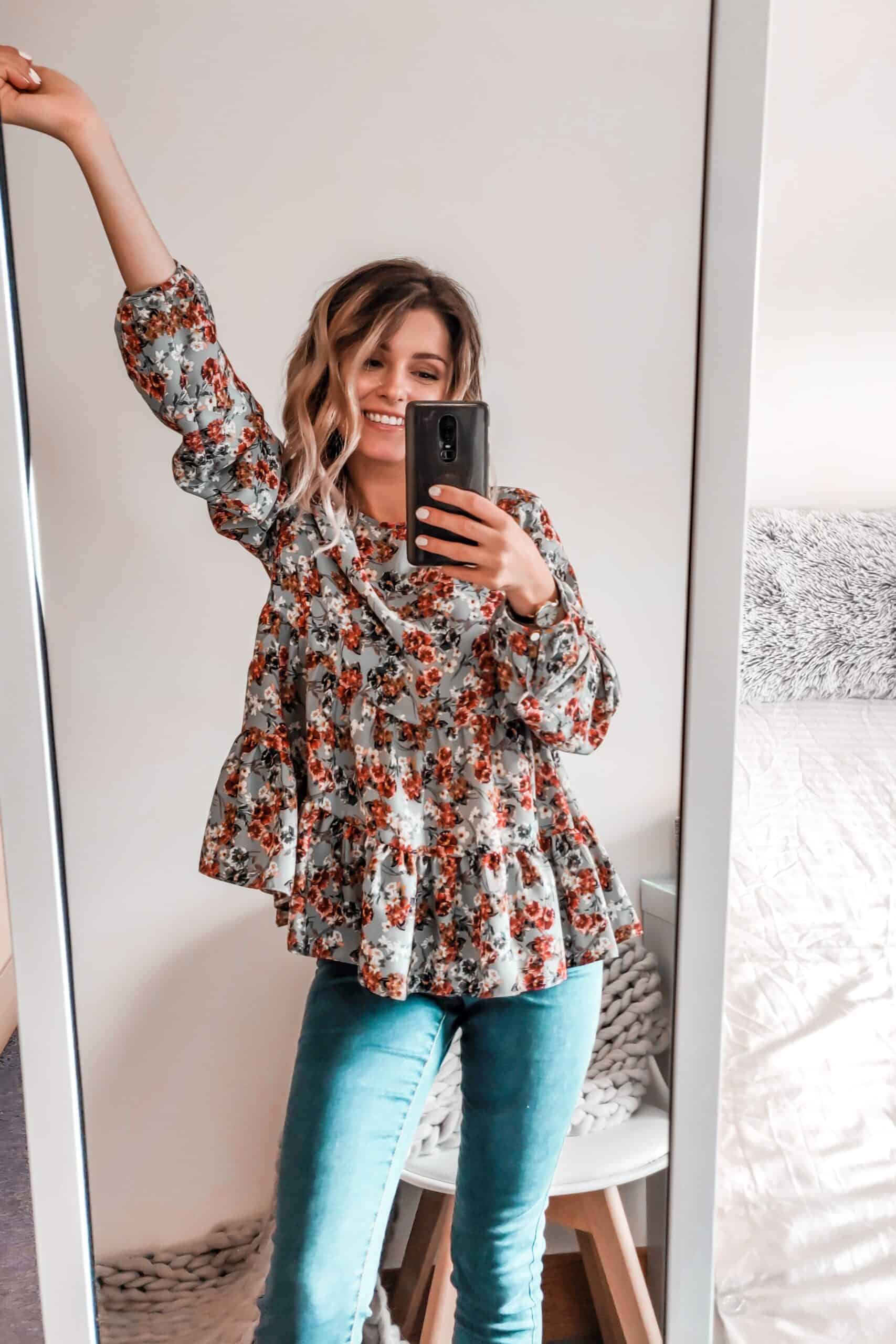 floral autumn blouse with light wash jeans Primark outfit