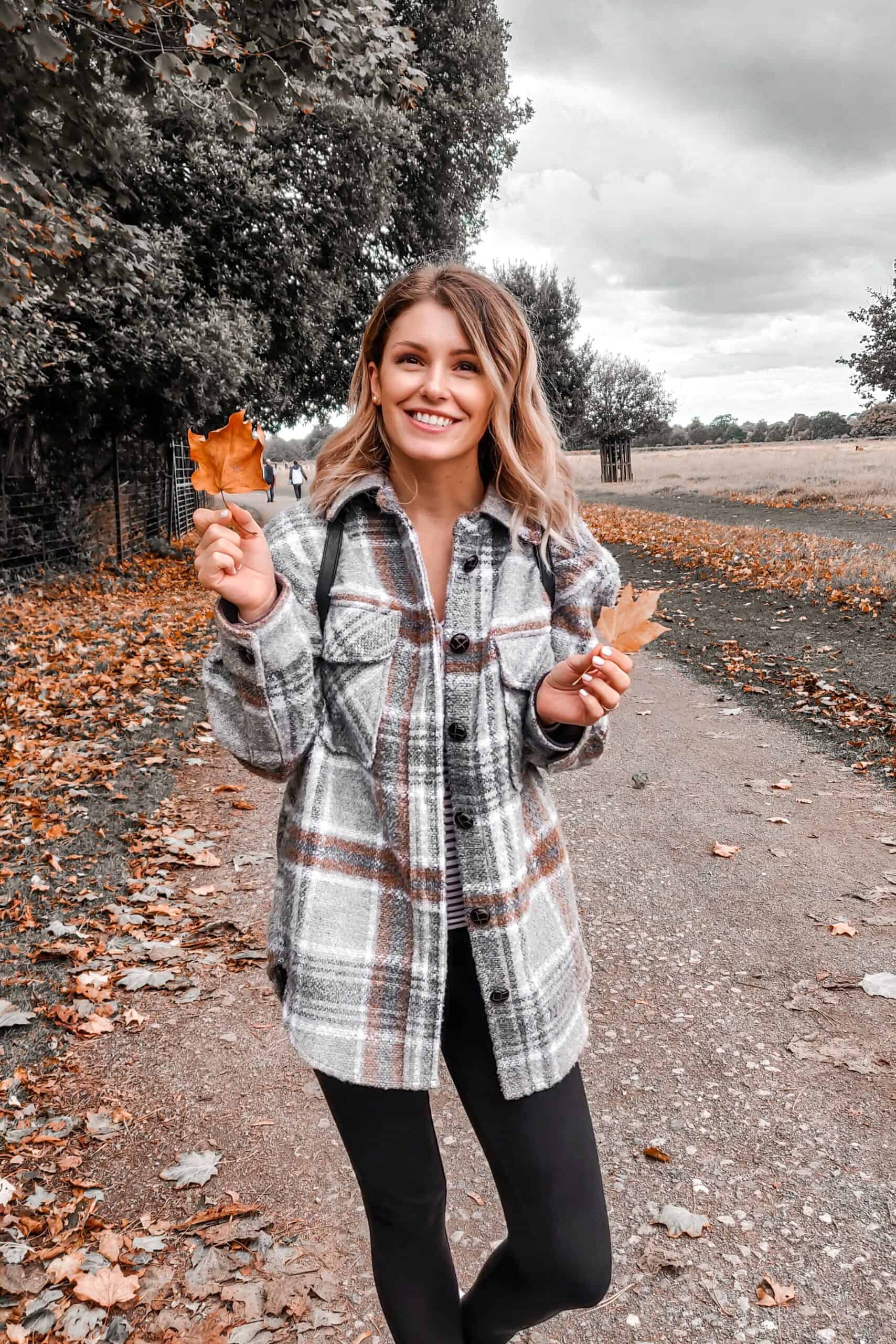autumn checked jacket with leaves in Bushy Park London