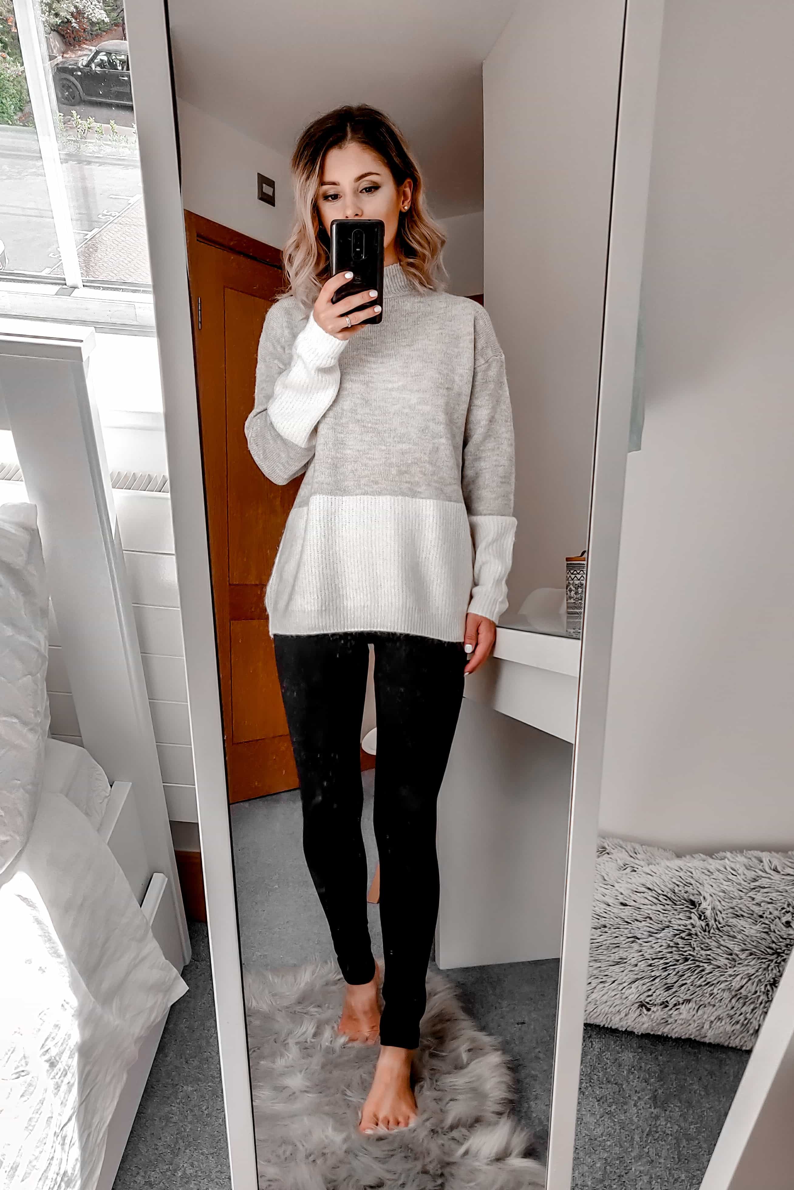 grey and cream sweater with leggings Primark outfit
