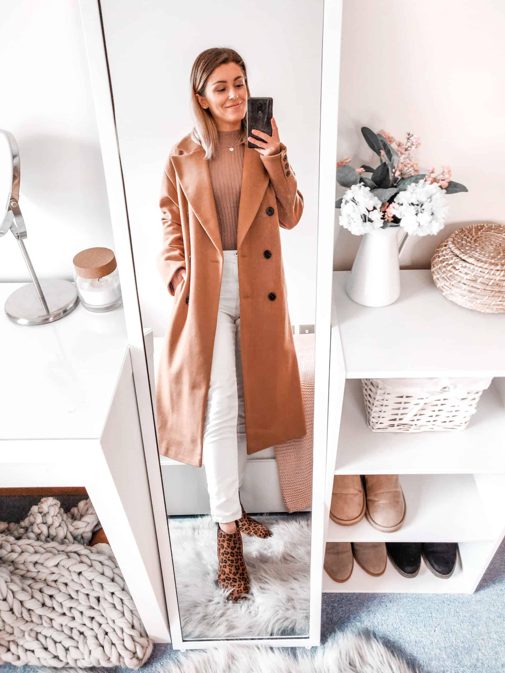 camel coat and white outfit for fall winter fashion primark