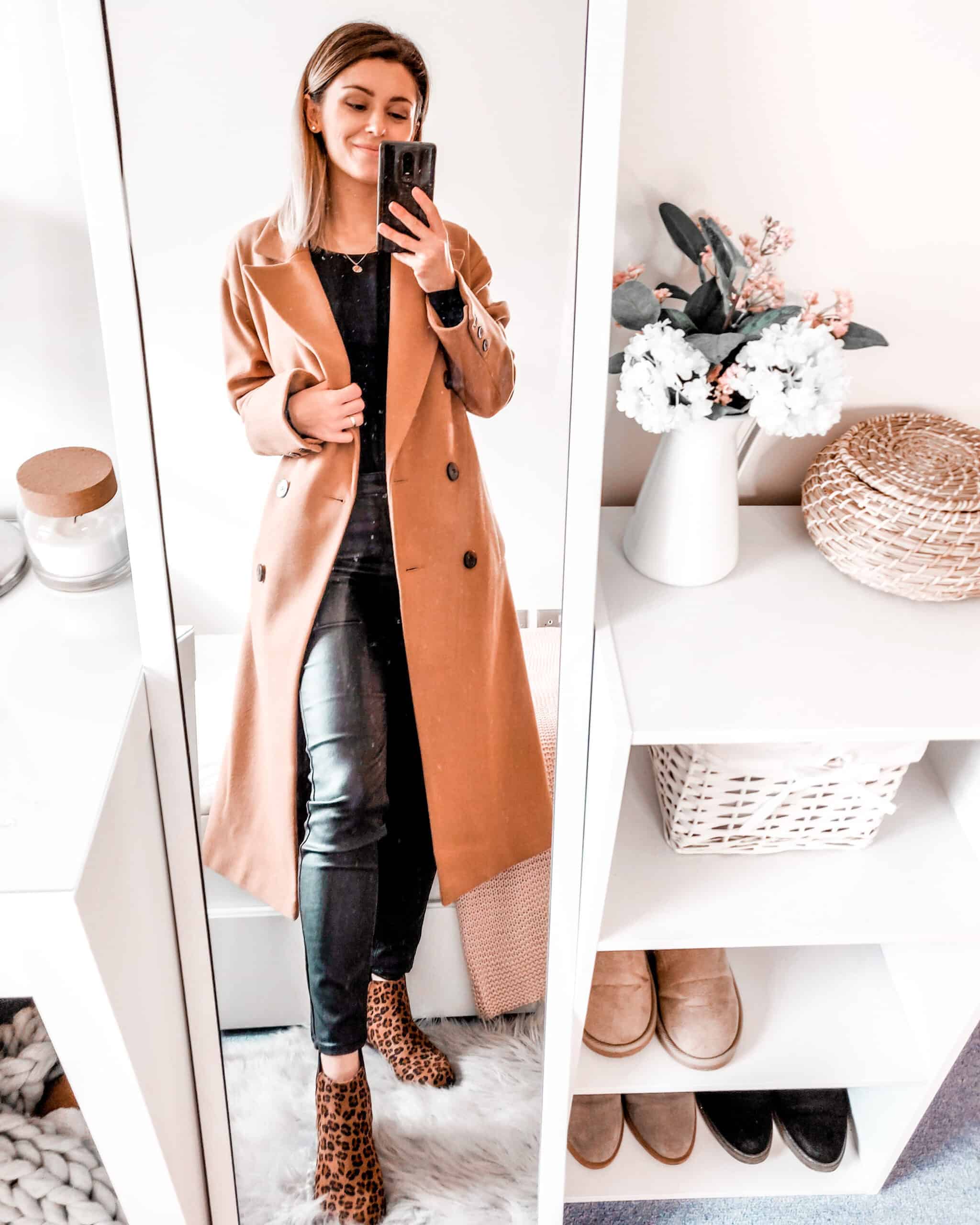 camel coat and black outfit for fall winter fashion primark
