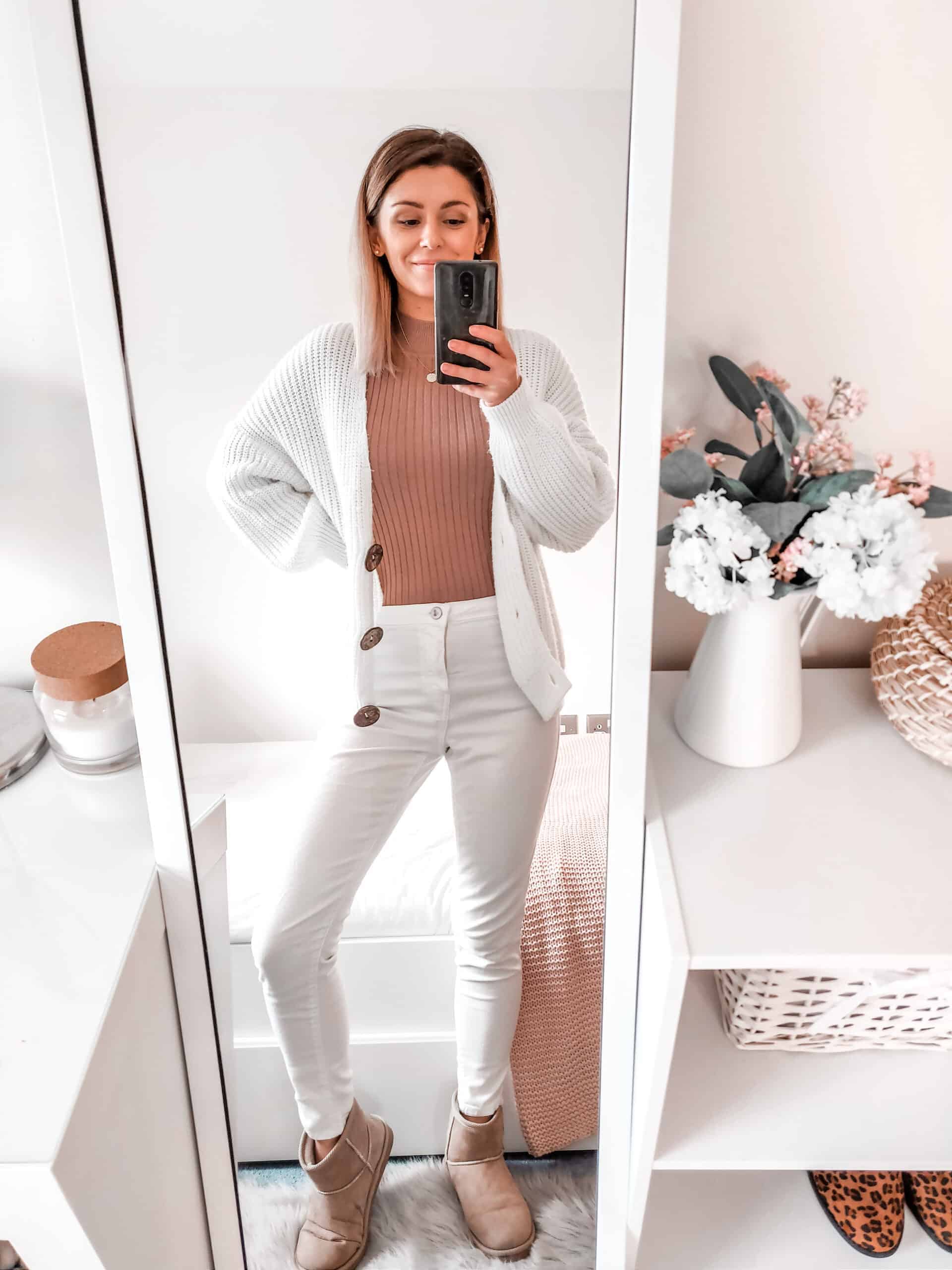 all white with camel ribbed jumper fall winter outfits fashion primark asos - camel tones outfits