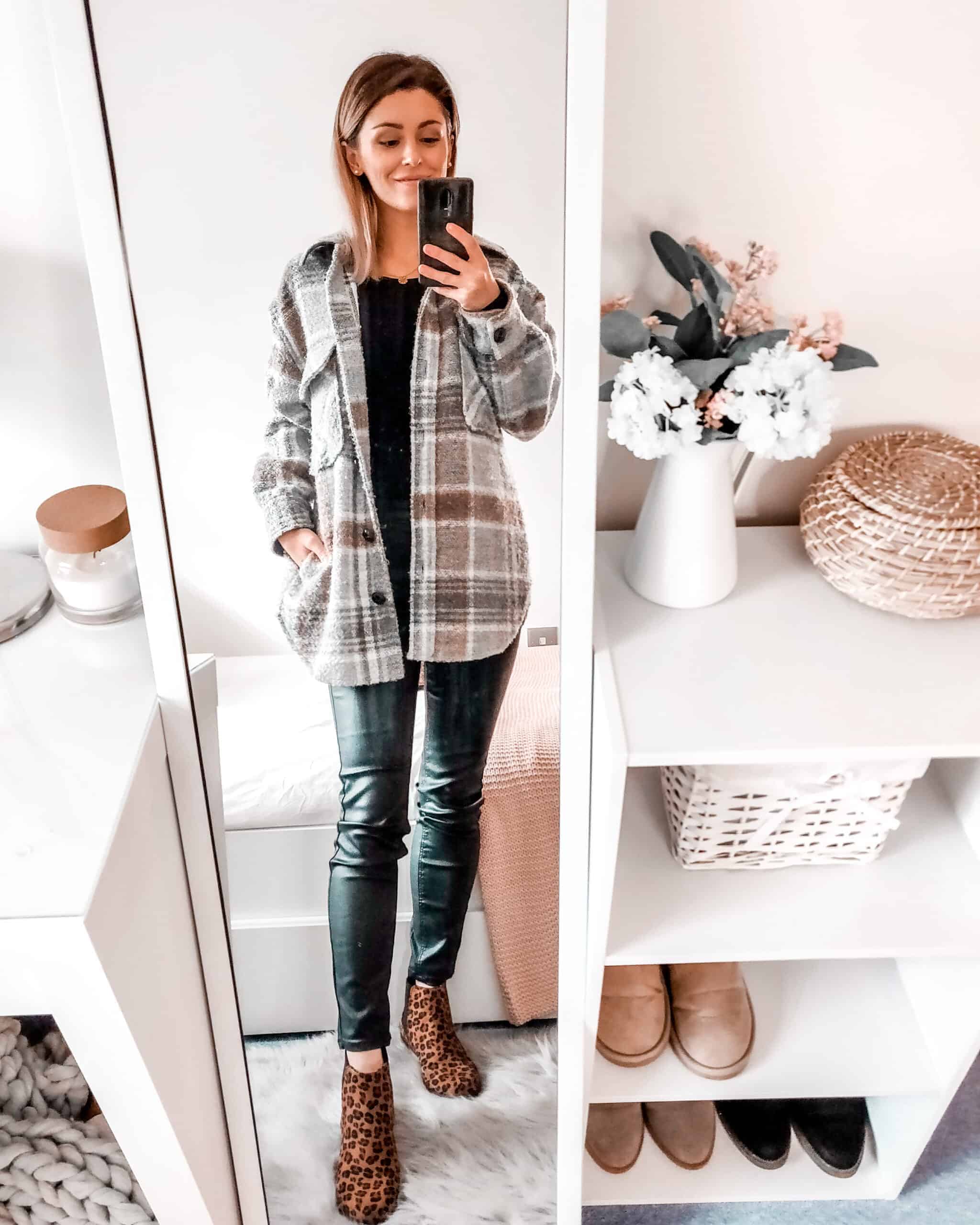 Primark check jacket with all black outfit and leopard print boots