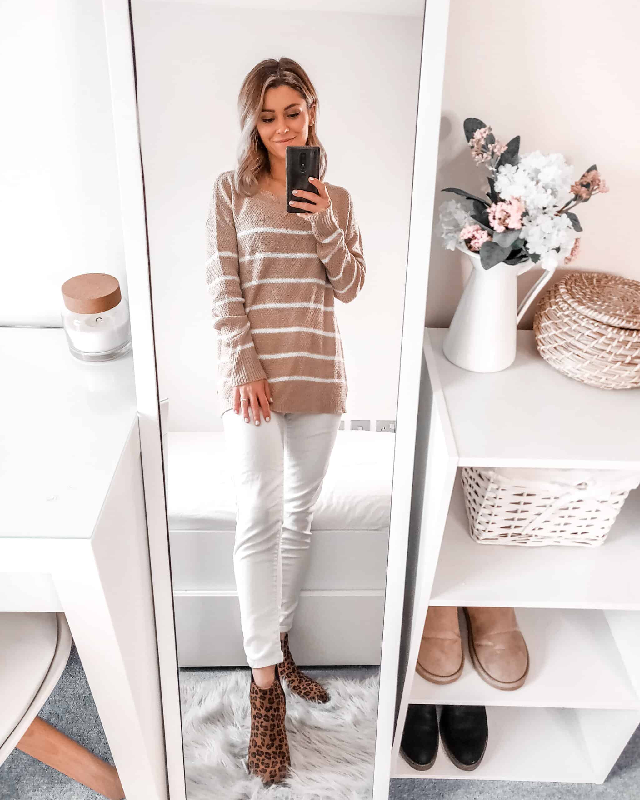 camel tones - striped camel fine knit jumper Shop Pink Blush fall winter outfit
