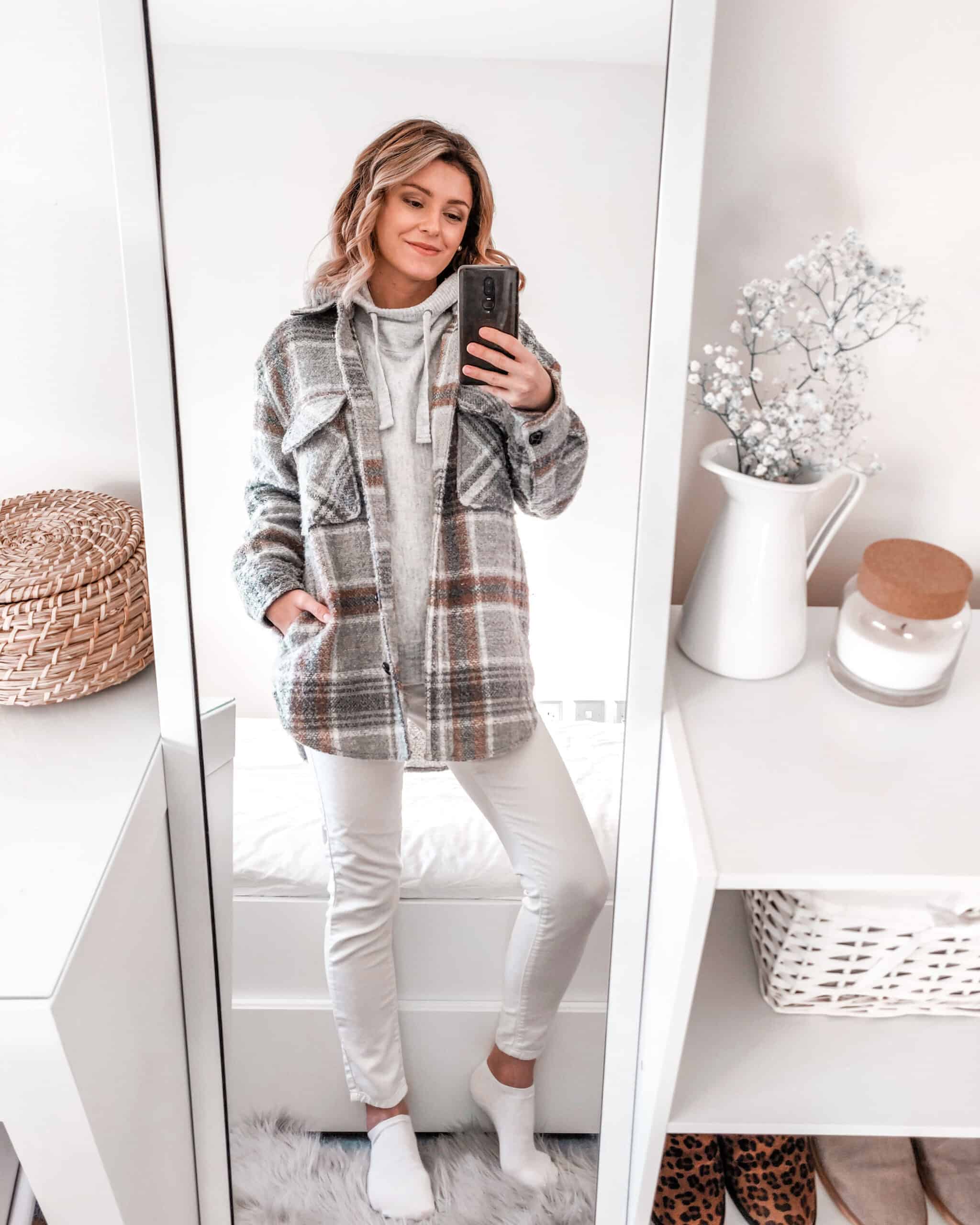primark check jacket outfit with grey hoodie and white jeans