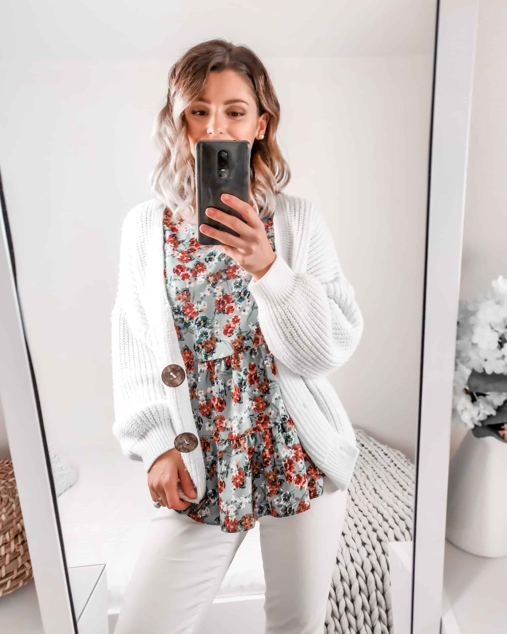 white jeans white cardigan and floral autumn blouse primark outfit