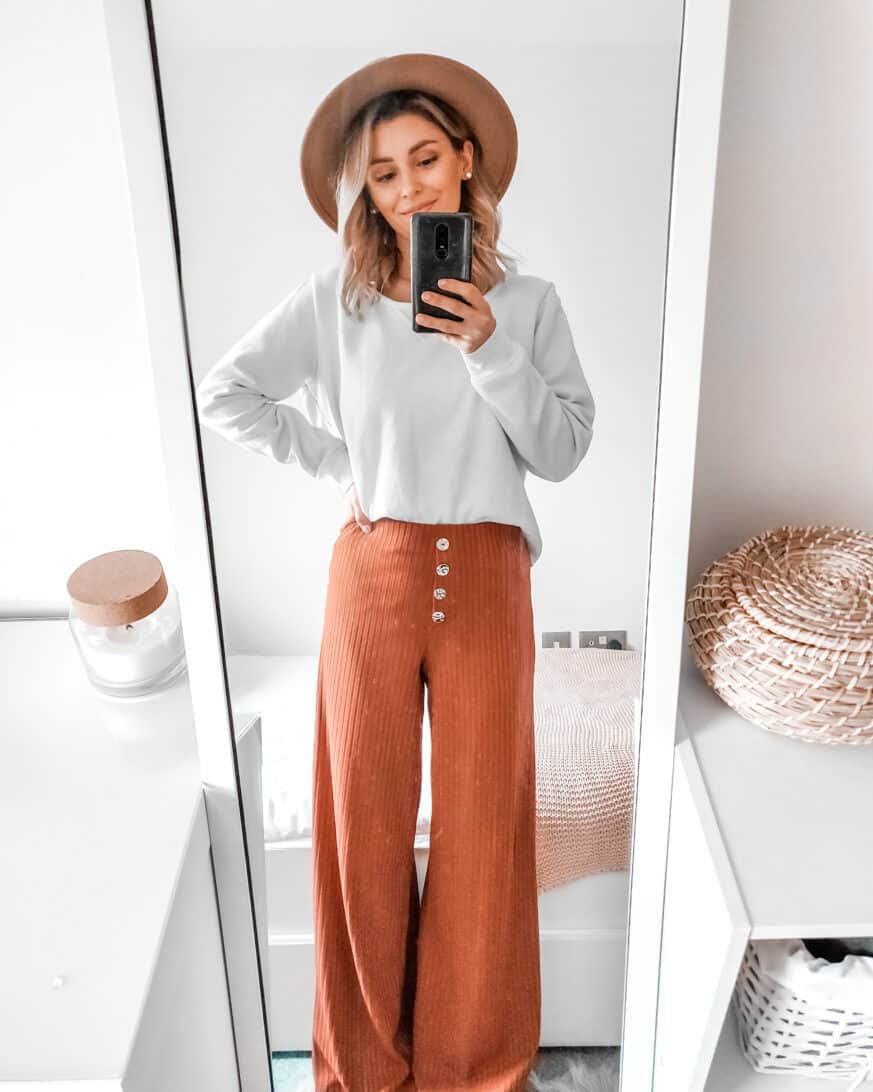 primark fashion 2020 outfit rust trousers camel hat
