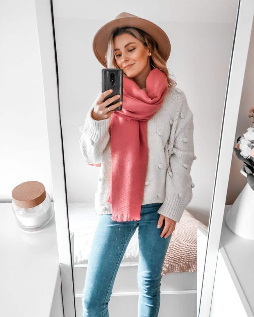 outfit with pink scarf camel hat and pompom sweater Zara