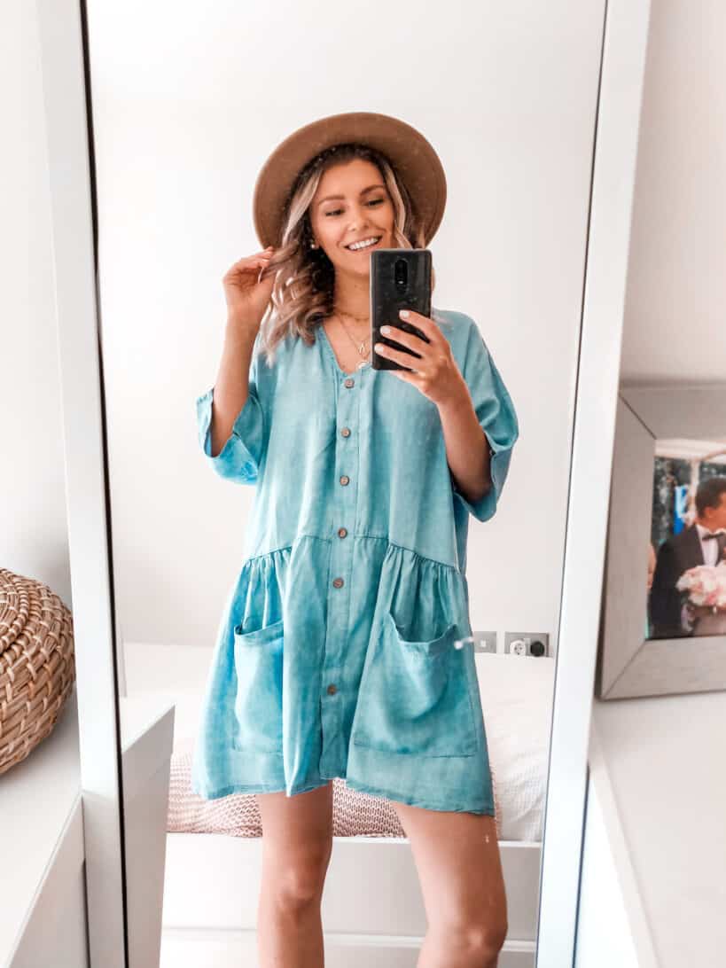 Chambray denim smock dress Boohoo outfit