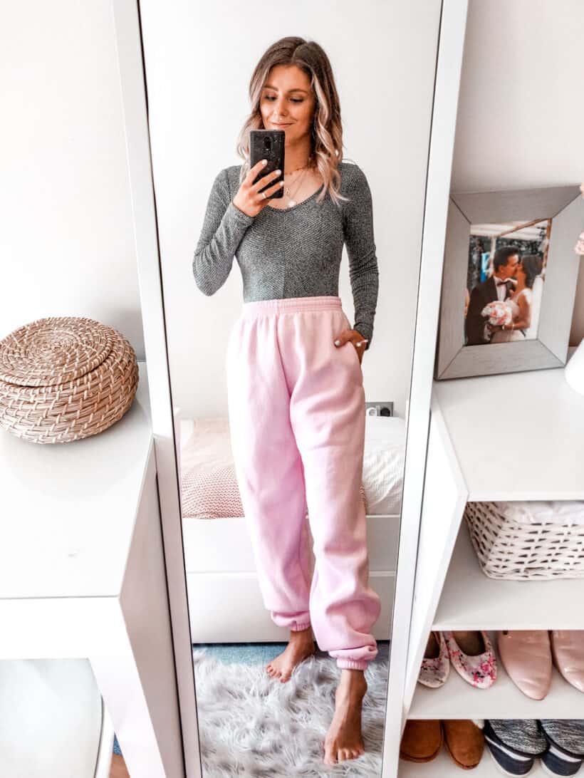Pink joggers casual loungewear outfit Boohoo in the house