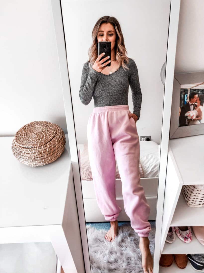 Pink joggers casual loungewear outfit Boohoo in the house