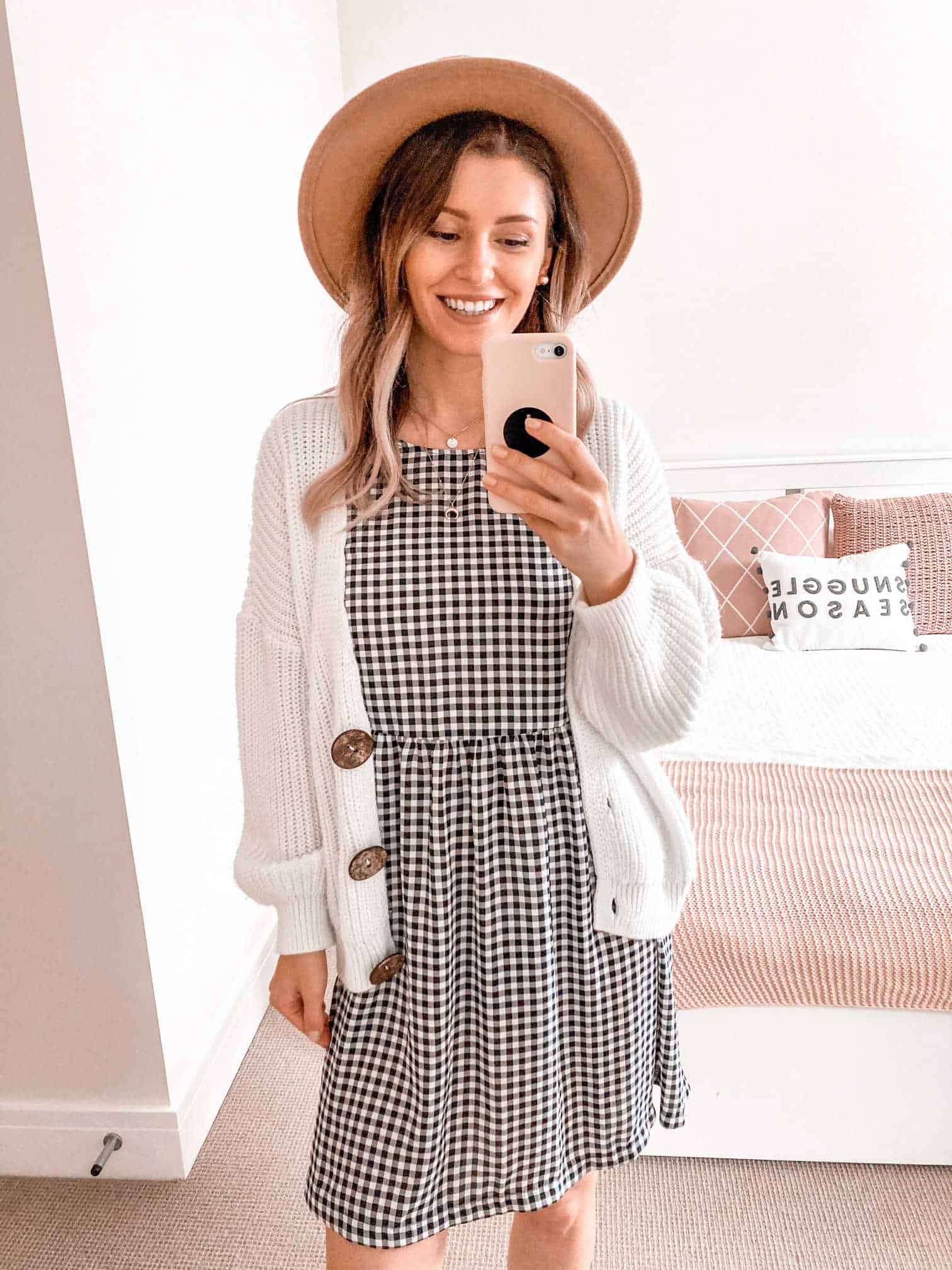 Gingham dress cardigan fall outfit ideas