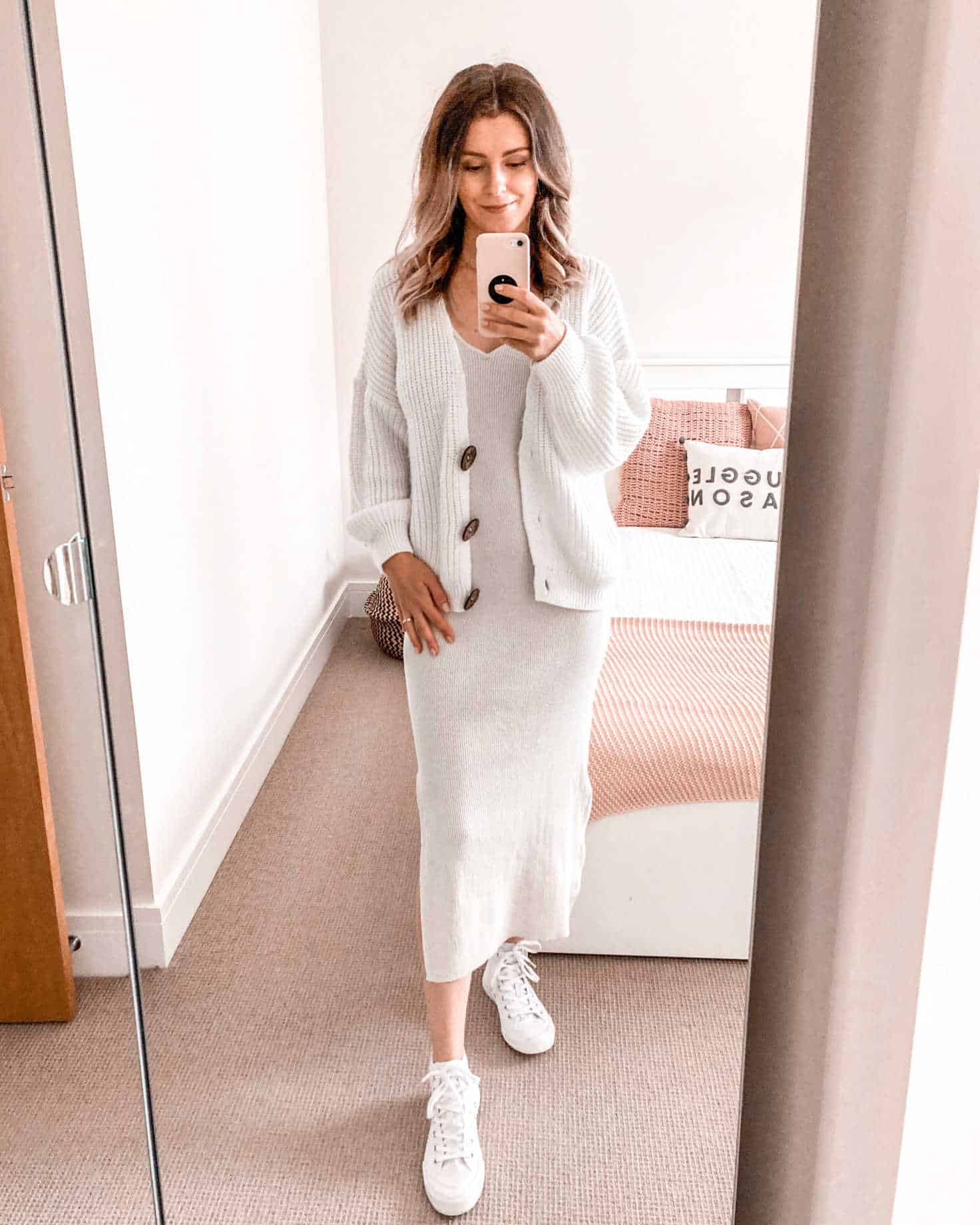 Neutral autumn outfit cream ribbed dress and cardigan