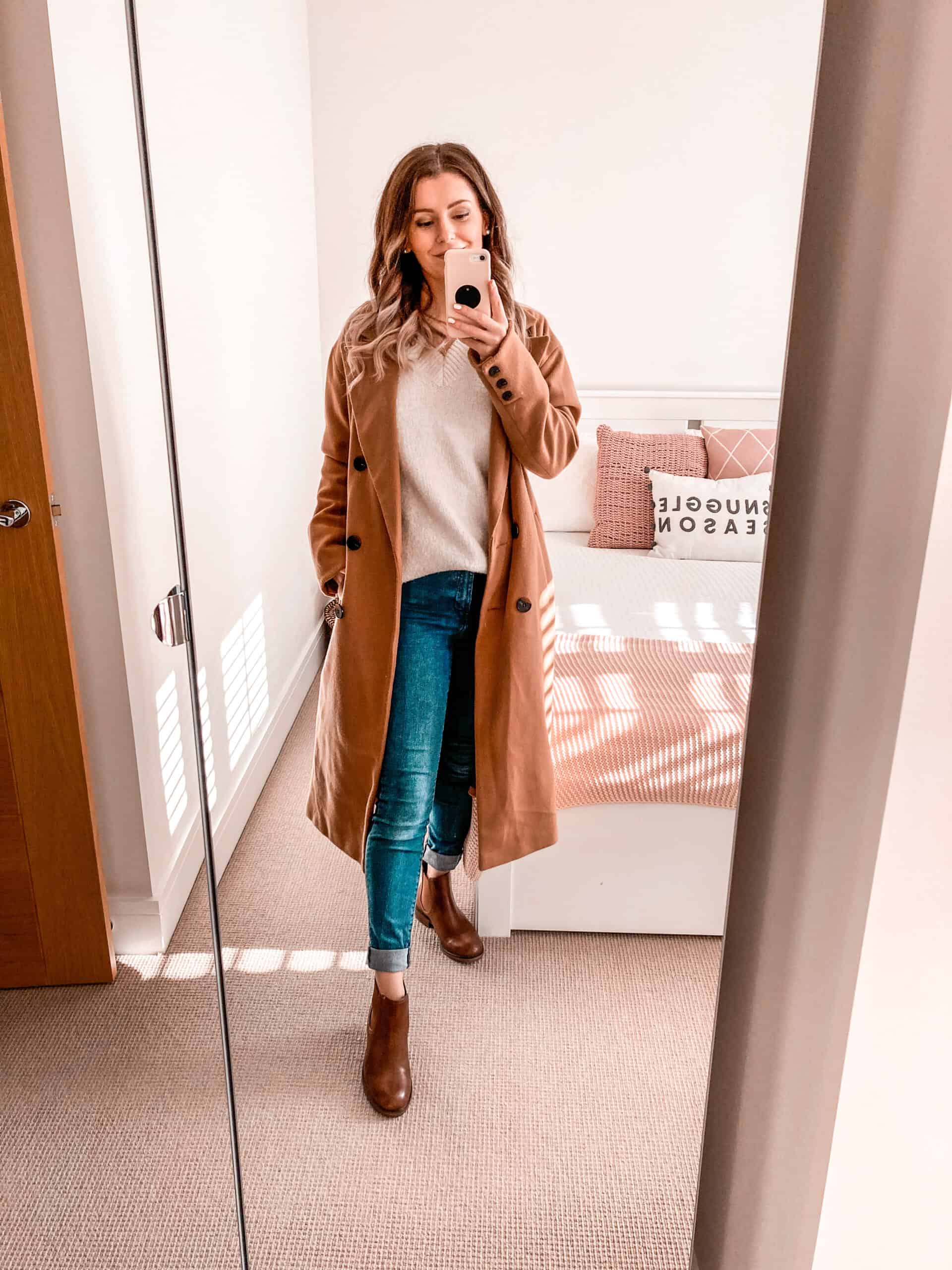 Camel coat oversized knitwear tan chelsea boots autumn outfit