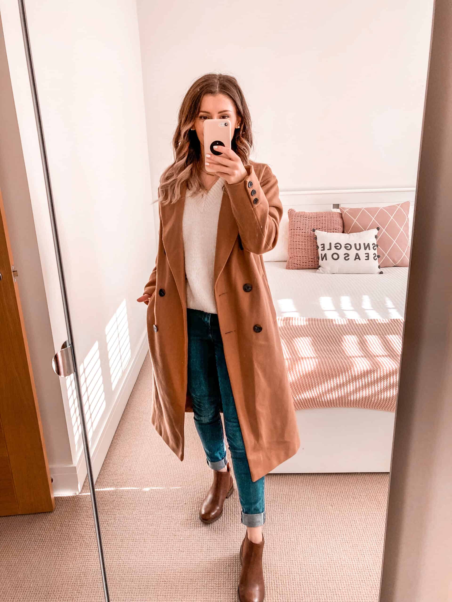 Camel coat oversized knitwear tan chelsea boots autumn outfit