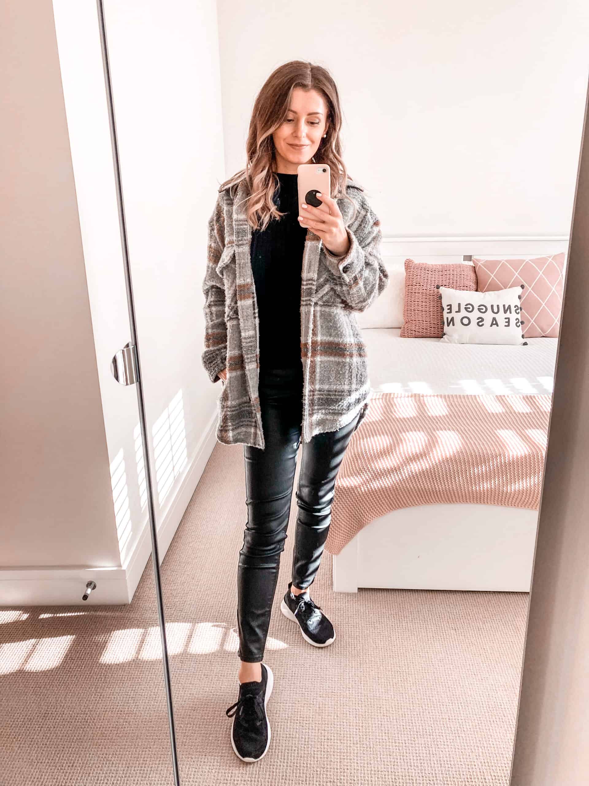 Checked grey shacket coated jeans all black fall outfit