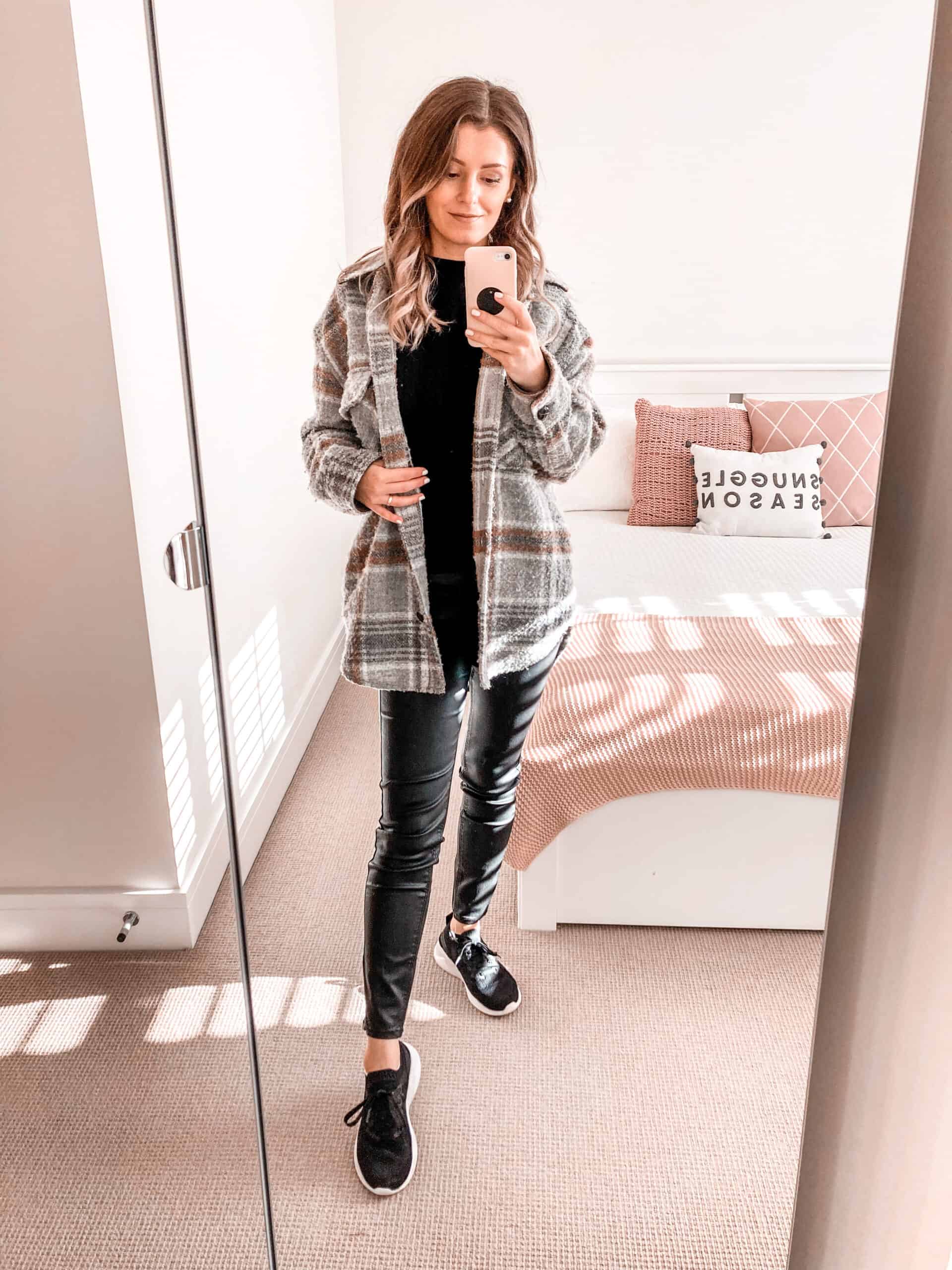 Checked grey shacket coated jeans all black fall outfit