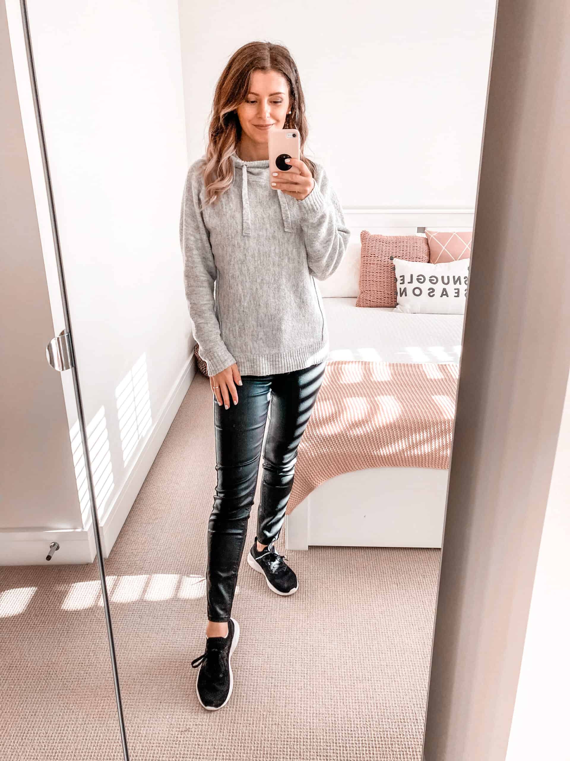 Grey knit hoodie coated jeans black trainers autumn outfit