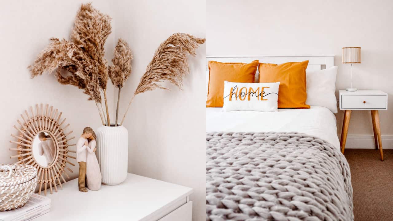 DIY master bedroom makeover ideas pampas rattan boho scandi