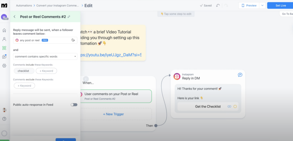 How to Send Auto DM to comments on Instagram Manychat Tutorial