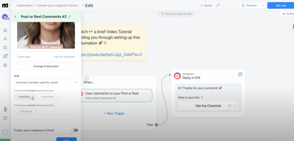 How to Send Auto DM to comments on Instagram Manychat Tutorial